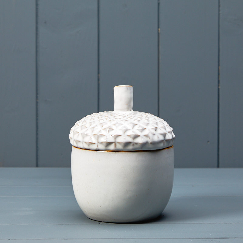 Lidded Ceramic Acorn Pot with Reactive Glaze detail page